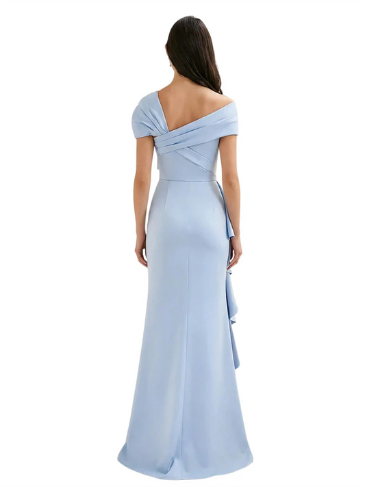 Elegant Mother of Bride Dress Formal Gowns Mermaid Ruffle Floor Length Asymmetric Neckline