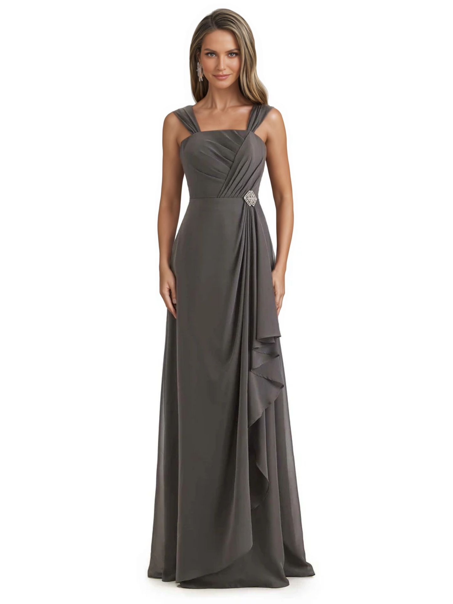 Square Neck Mother of the Bride Dress Floor-Length Chiffon Gown with Ruched Bodice