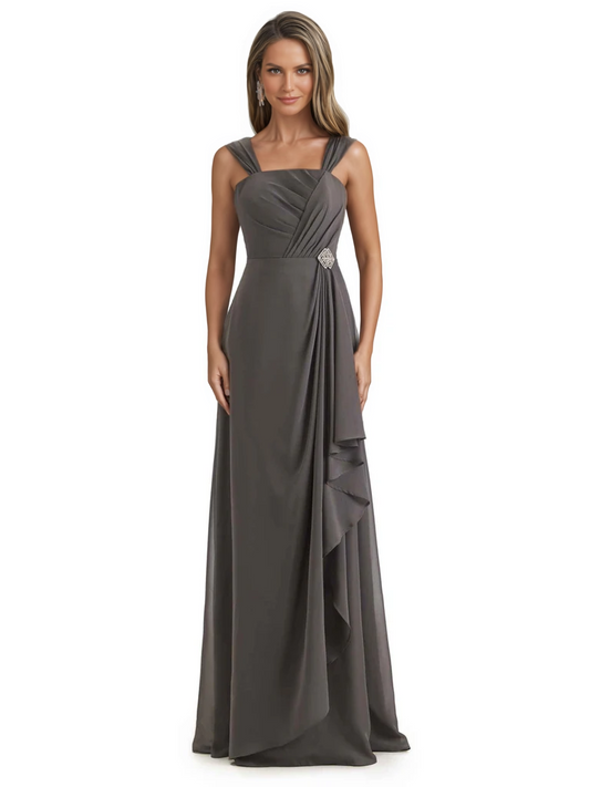 Square Neck Mother of the Bride Dress Floor-Length Chiffon Gown with Ruched Bodice