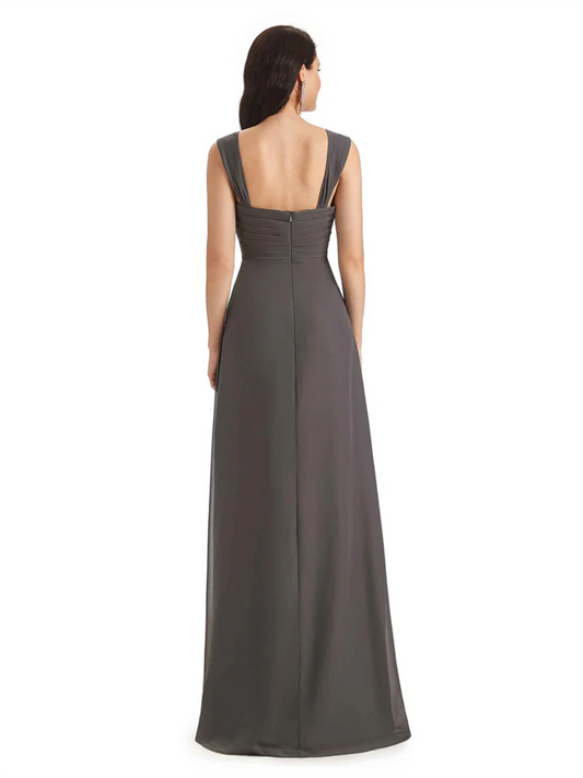 Square Neck Mother of the Bride Dress Floor-Length Chiffon Gown with Ruched Bodice