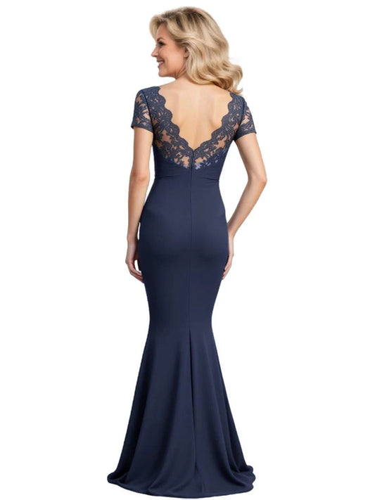 Scalloped V-Neck Mother of the Bride Dress Lace Short Sleeve Mermaid Gown with Slit
