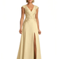 V-Neck Mother of the Bride Dress Cap Sleeve Lace Applique Gown with Slit