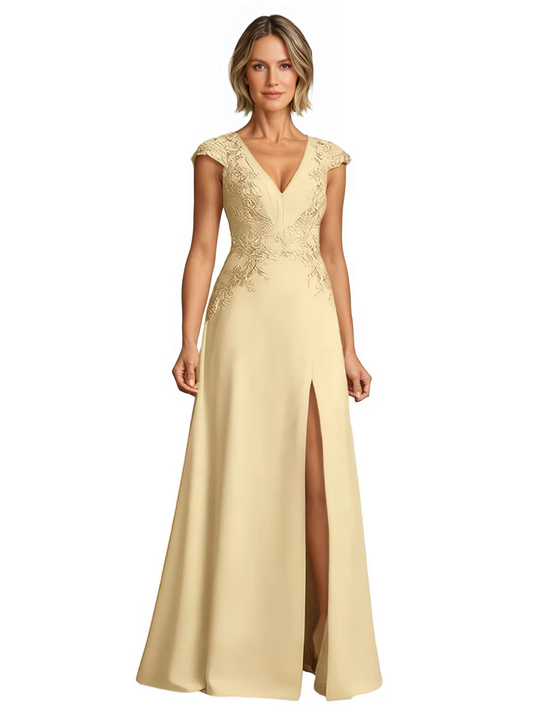 V-Neck Mother of the Bride Dress Cap Sleeve Lace Applique Gown with Slit