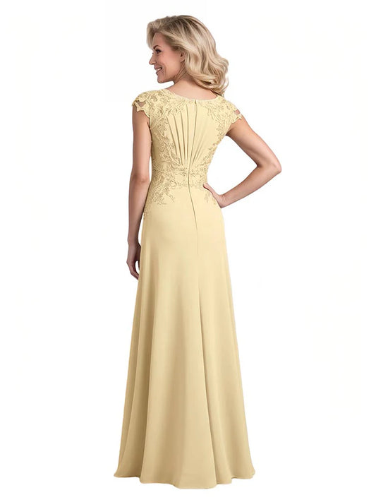 V-Neck Mother of the Bride Dress Cap Sleeve Lace Applique Gown with Slit