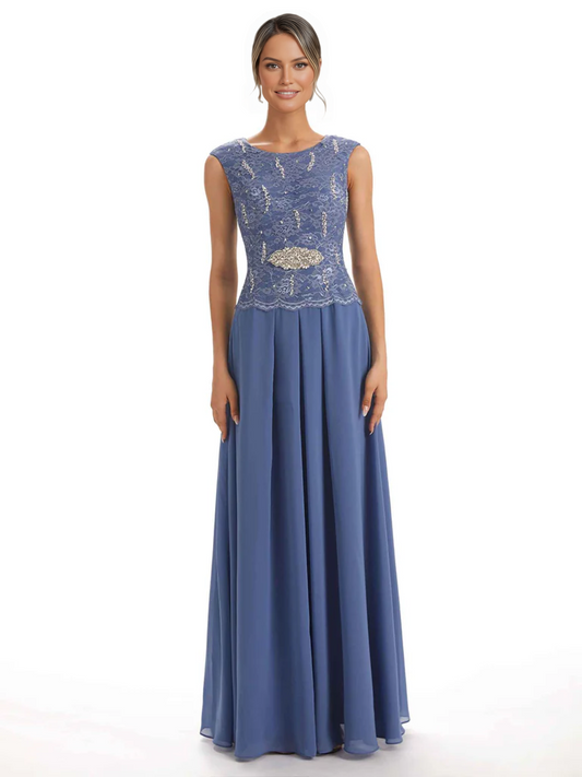 Mother of the Bride Dress Floor-Length Chiffon Gown with Embroidered Lace Bodice