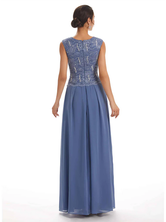 Mother of the Bride Dress Floor-Length Chiffon Gown with Embroidered Lace Bodice
