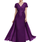 V-Neck Mother of the Bride Dress Short Sleeve Lace Applique Gown with Over-skirt