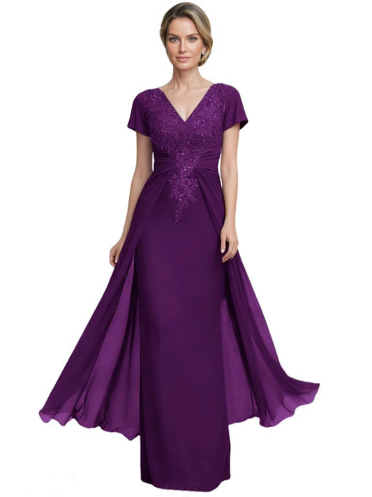 V-Neck Mother of the Bride Dress Short Sleeve Lace Applique Gown with Over-skirt