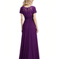 V-Neck Mother of the Bride Dress Short Sleeve Lace Applique Gown with Over-skirt