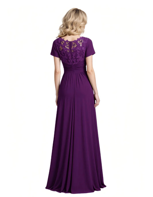 V-Neck Mother of the Bride Dress Short Sleeve Lace Applique Gown with Over-skirt