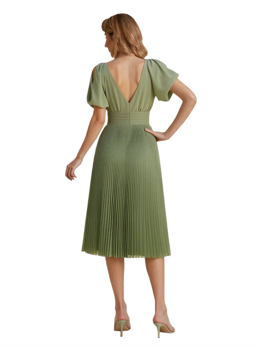 Wedding Formal Dress V-Neck Pleated Chiffon Gown with 3D Flower Accent Knee Length