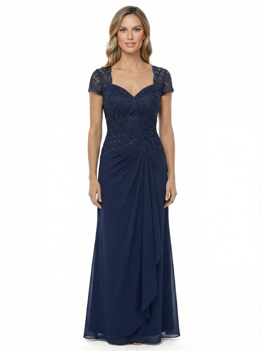 Long A-line Chiffon Short Sleeves Mother of the Brides Dresses Lace Wedding