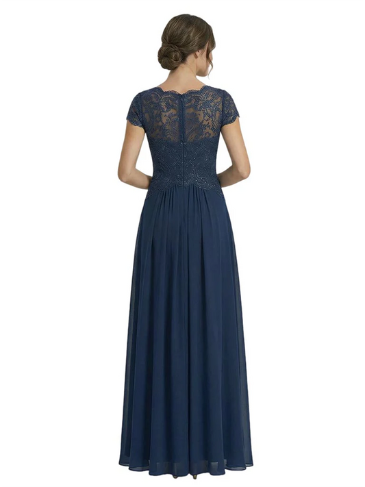 Long A-line Chiffon Short Sleeves Mother of the Brides Dresses Lace Wedding