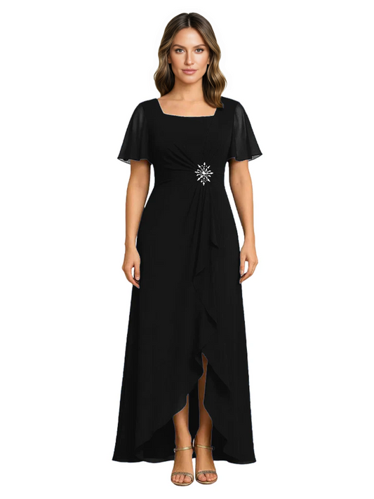 Formal High-Low Mother of the Bride Gown Sleeved Chiffon Maxi Dress Ruched Waist