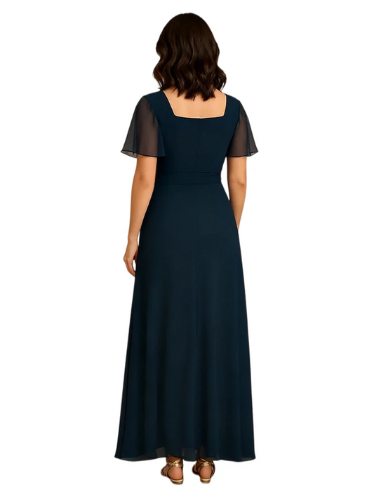 Formal High-Low Mother of the Bride Gown Sleeved Chiffon Maxi Dress Ruched Waist