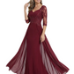 Luxury Burgundy Formal Dress Embroidered Lace Bodice Flowy Chiffon Gown 2026
