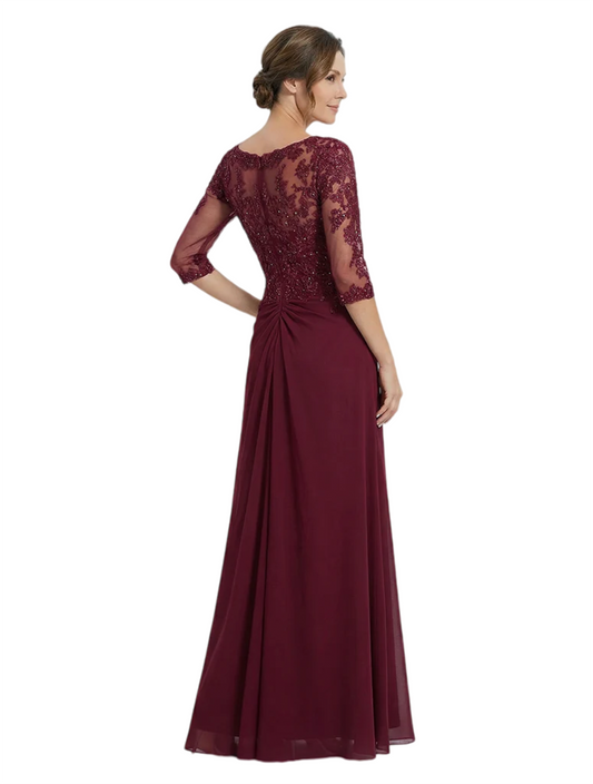 Luxury Burgundy Formal Dress Embroidered Lace Bodice Flowy Chiffon Gown 2026