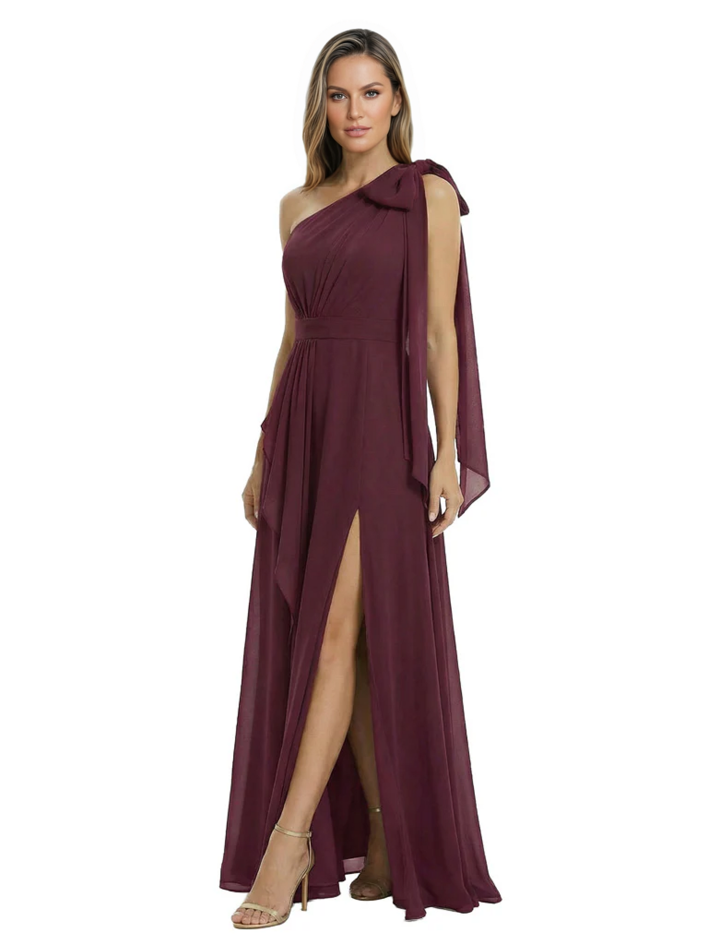 One-Shoulder Mother of the Bride Dress Chiffon Gown with Long Sash Detail