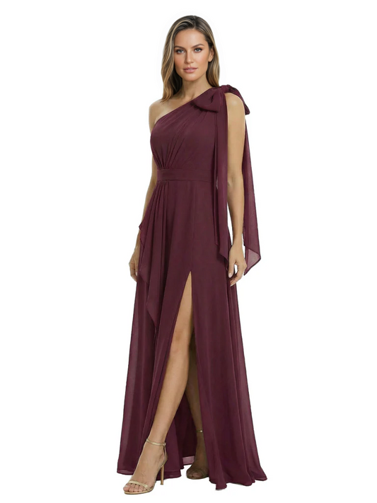 One-Shoulder Mother of the Bride Dress Chiffon Gown with Long Sash Detail