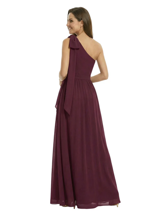 One-Shoulder Mother of the Bride Dress Chiffon Gown with Long Sash Detail