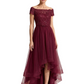 Formal High-Low Mother of the Bride Gown Short Sleeve Lace Maxi Dress with Tiered Skirt