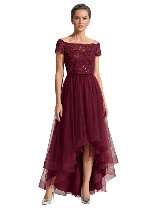 Formal High-Low Mother of the Bride Gown Short Sleeve Lace Maxi Dress with Tiered Skirt
