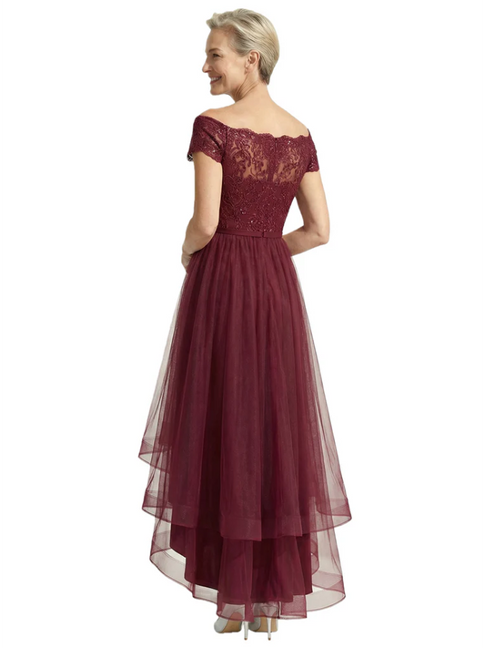Formal High-Low Mother of the Bride Gown Short Sleeve Lace Maxi Dress with Tiered Skirt