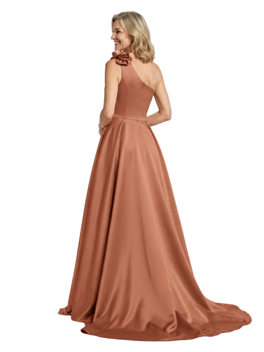 One Shoulder Sleeveless Mother of the Brides Dresses Floor Length Slit With Train