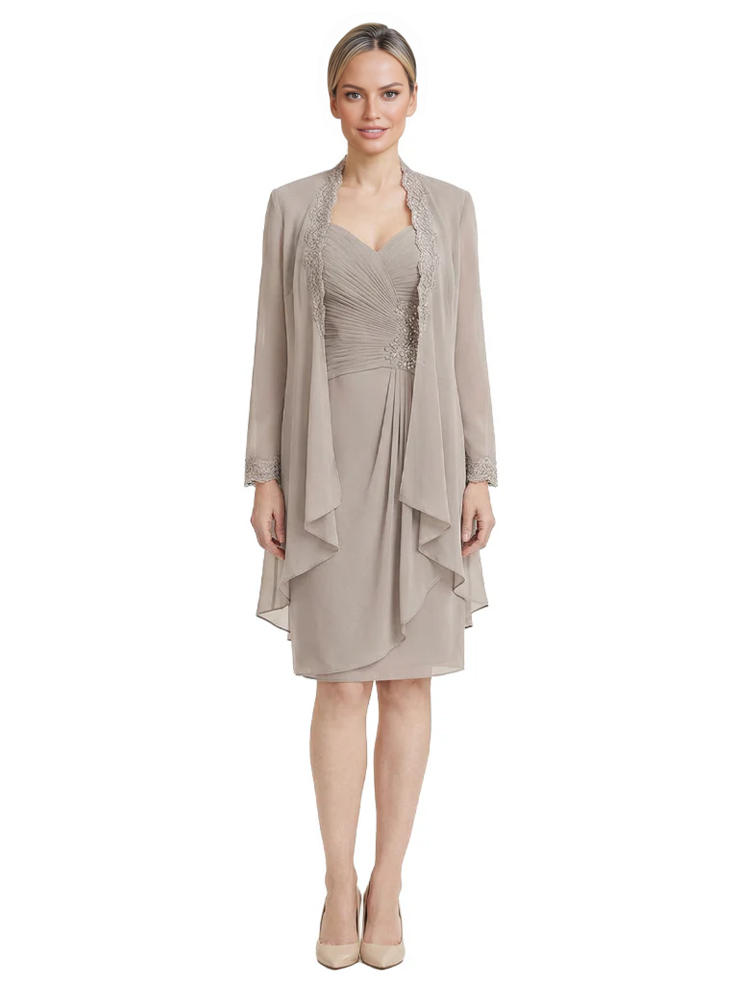 2PCS Knee Length Chiffon Mother of the Brides Dresses Short V-Neck