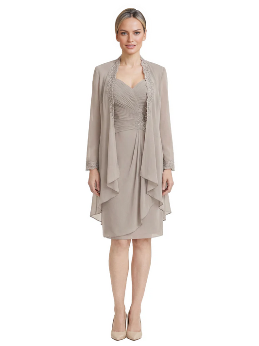 2PCS Knee Length Chiffon Mother of the Brides Dresses Short V-Neck
