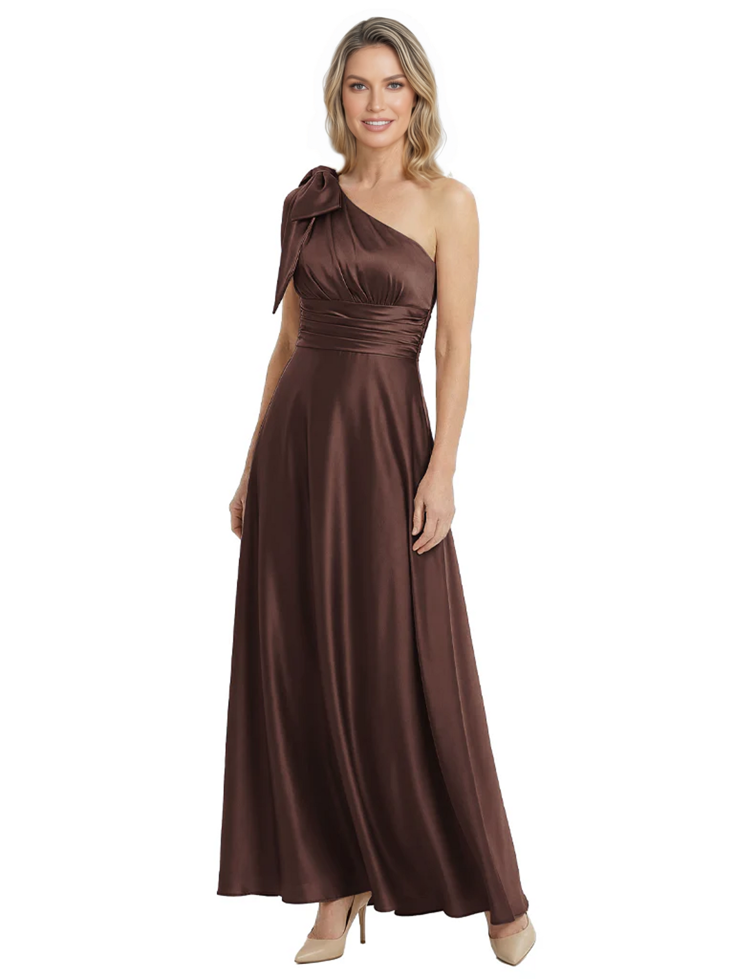 One-Shoulder Mother of the Bride Dress Satin Gown with Bow Ruched Empire Waist