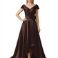 Off Shoulder Mother of the Bride Dress High-Low Satin Gown with Portrait Neckline