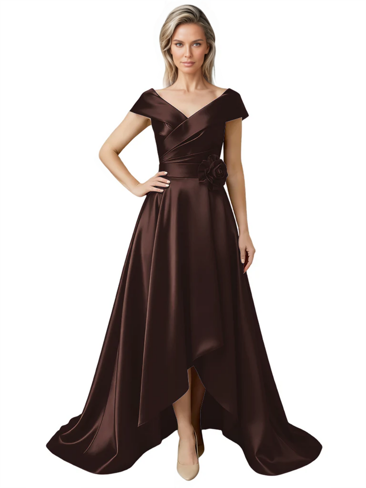 Off Shoulder Mother of the Bride Dress High-Low Satin Gown with Portrait Neckline