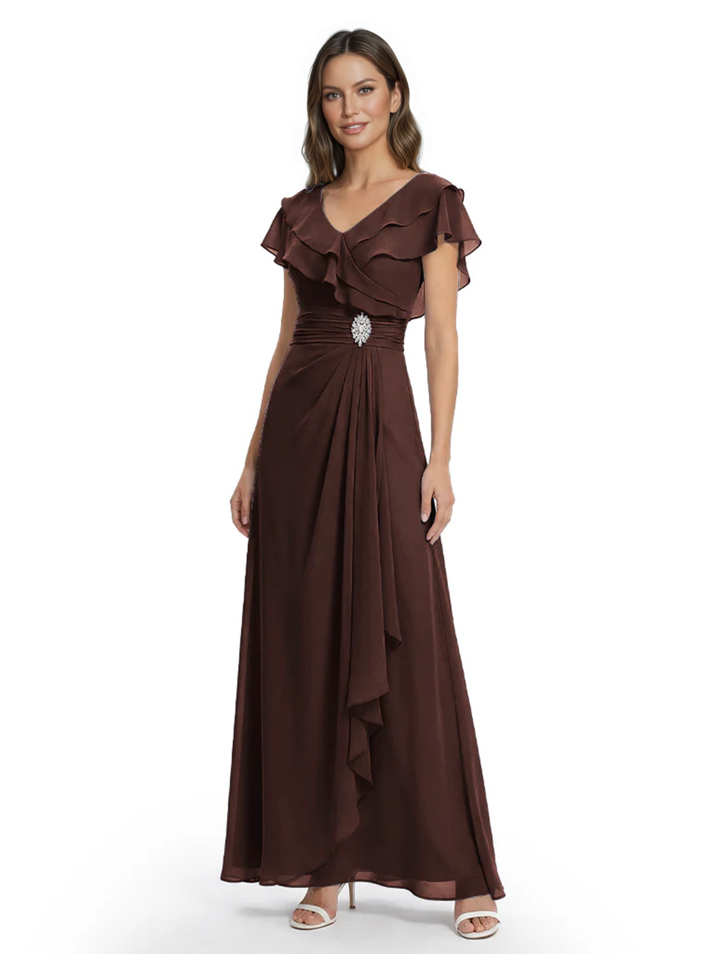Elegant Mother of the Groom Dress Cascading Ruffle Chiffon Formal Gown Rhinestone