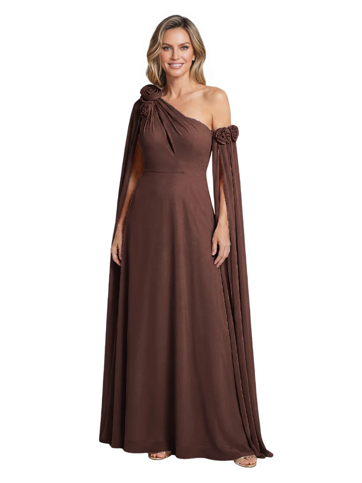 One Shoulder Mother of the Bride Dress Asymmetrical Cape Sleeve Gown with Floral