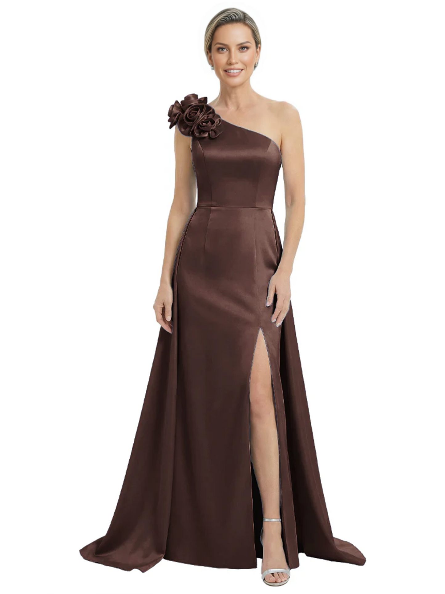 One Shoulder Mother of the Bride Dress with 3D Floral Detail Formal Dress A-Line Gowns with Slit