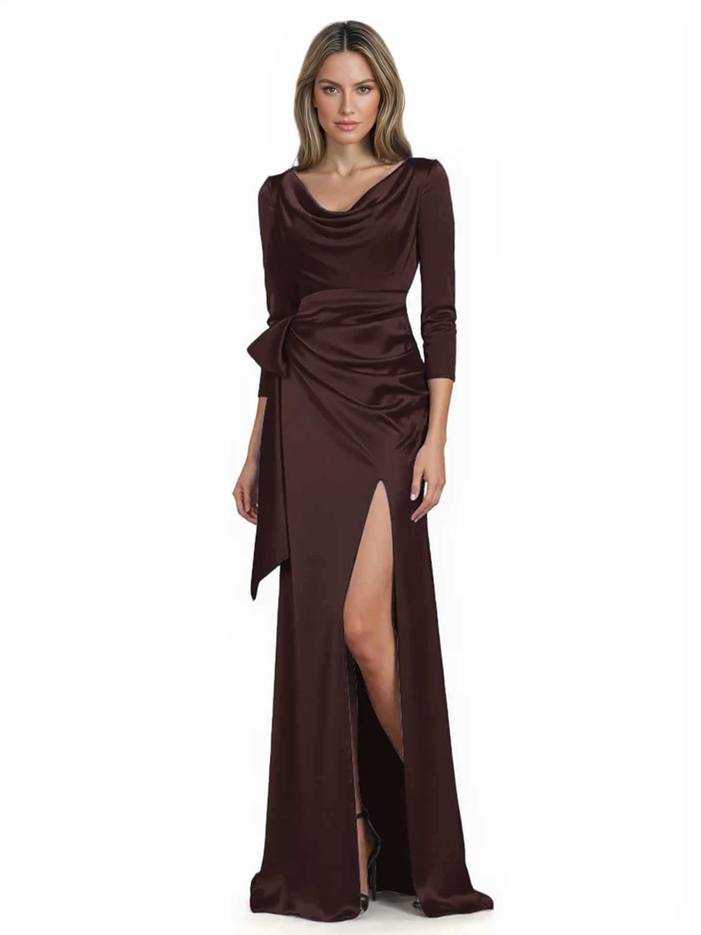 Elegant Evening Gowns Slit Trending Styles Satin Slit Formal Dress Cowl Neckline Gown Tie