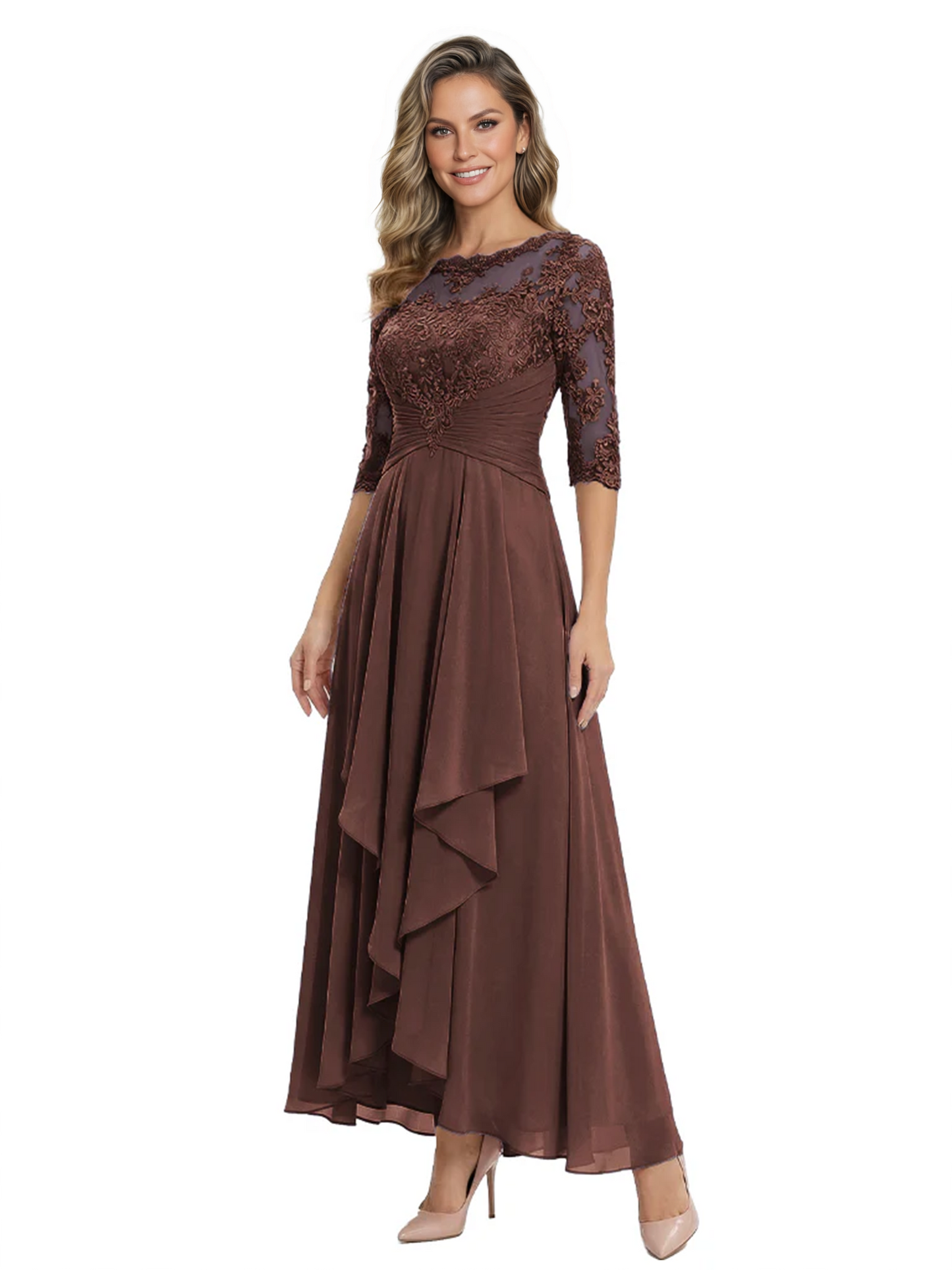 3/4 Sleeve Mother of the Bride Dress with Lace Embroidery High-Low Hem 2026