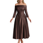 Off Shoulder Mother of the Bride Dress Tea-Length Satin Gown with Lace Applique