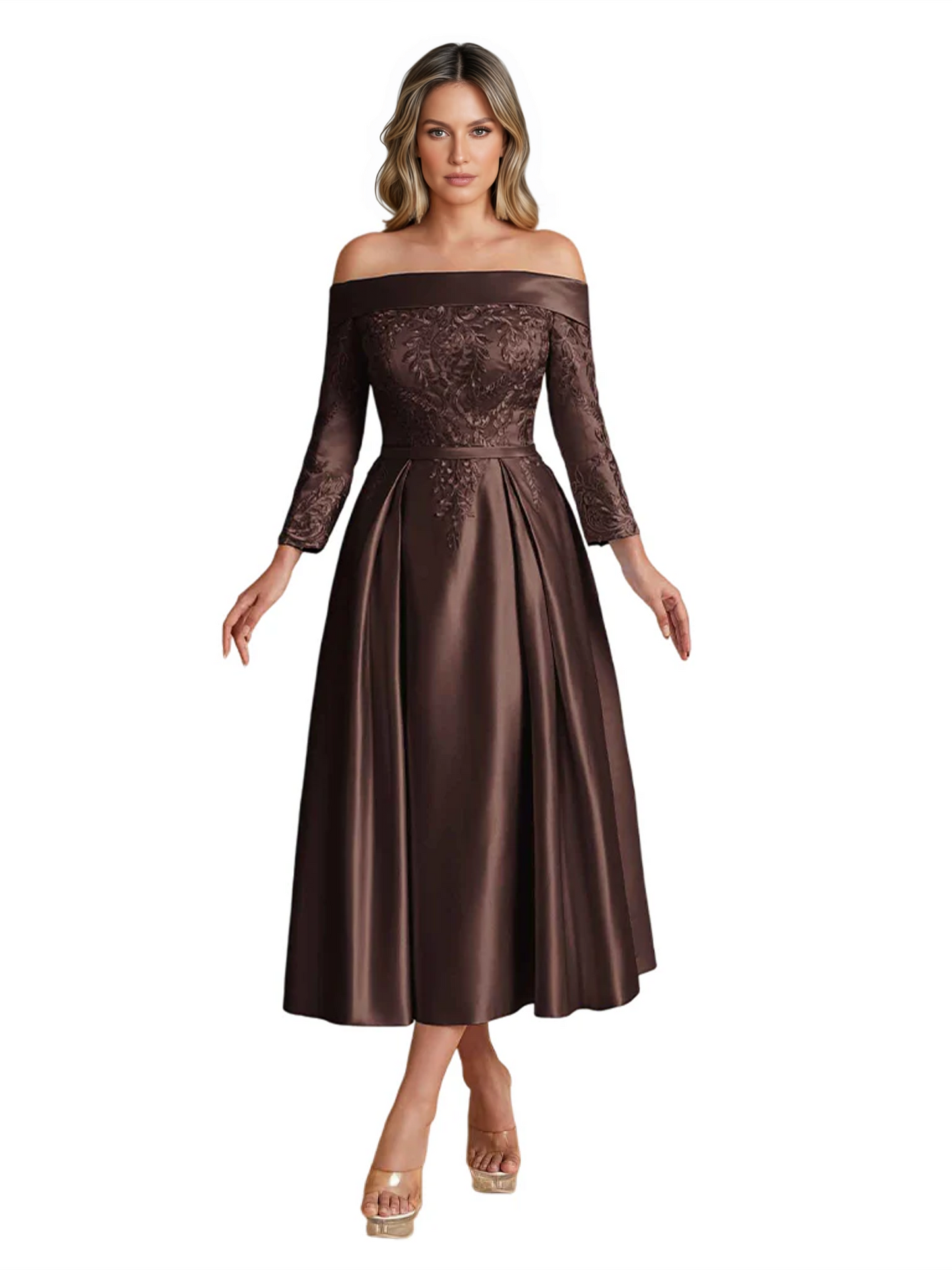 Off Shoulder Mother of the Bride Dress Tea-Length Satin Gown with Lace Applique