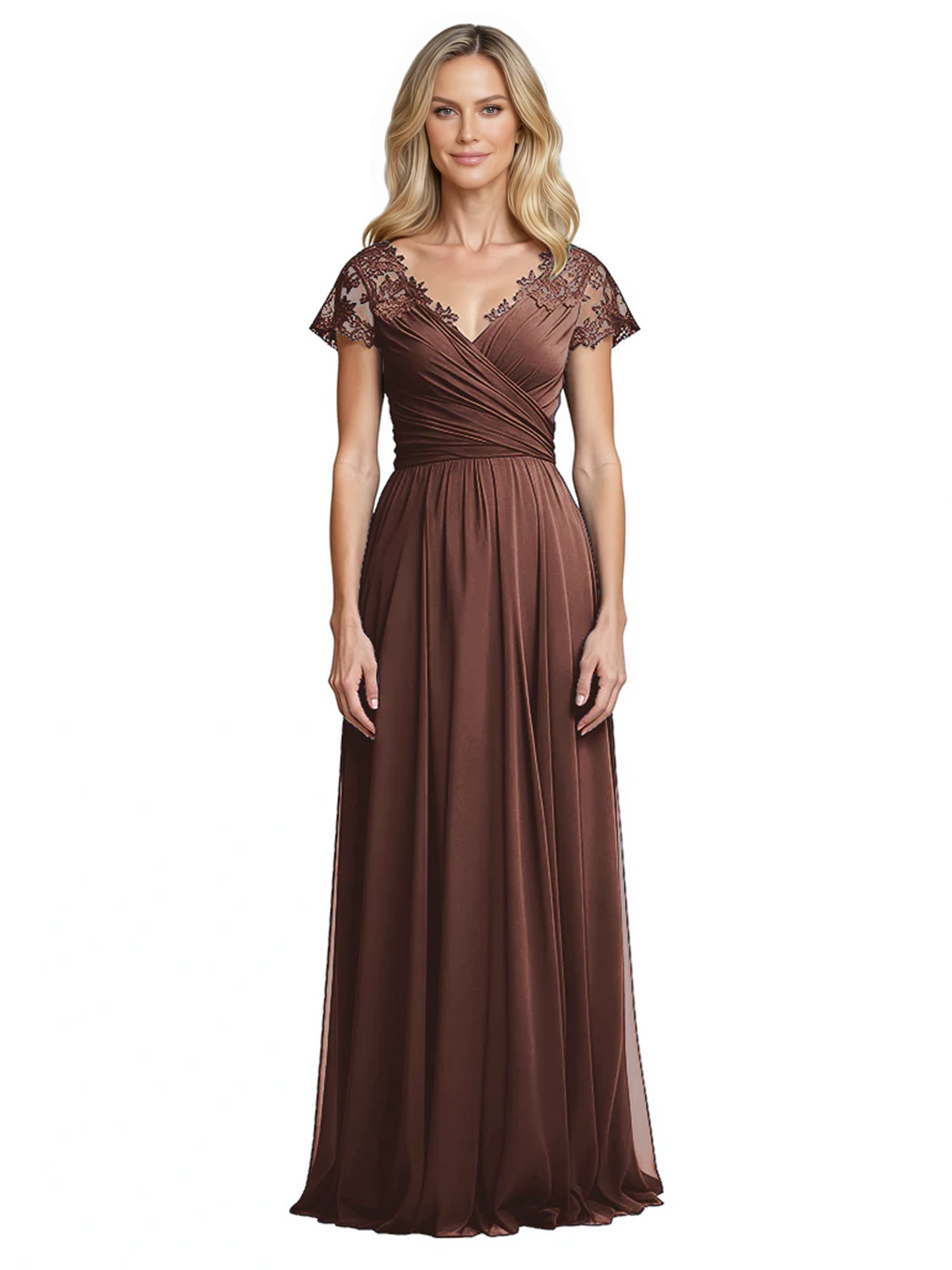 Mother of the Bride Dress Cap Sleeves and V-Neckline with Embroidered Lace Shoulders