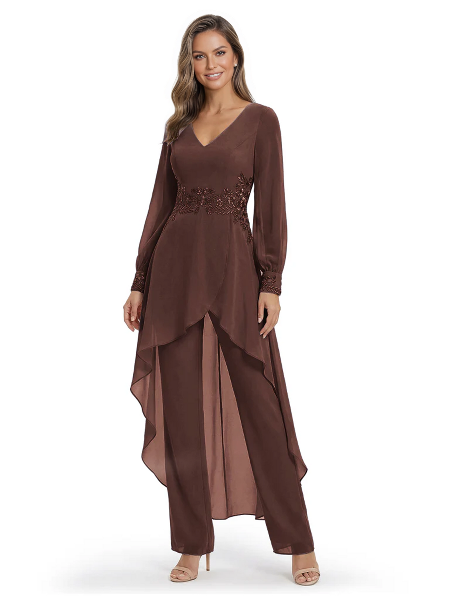 Luxury Black Formal Trousers Set High-Low Chiffon Top with Sparkling Beaded Detail