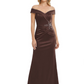 Off Shoulder Mother of the Bride Dress Beaded Waist Satin Gown Portrait Neckline