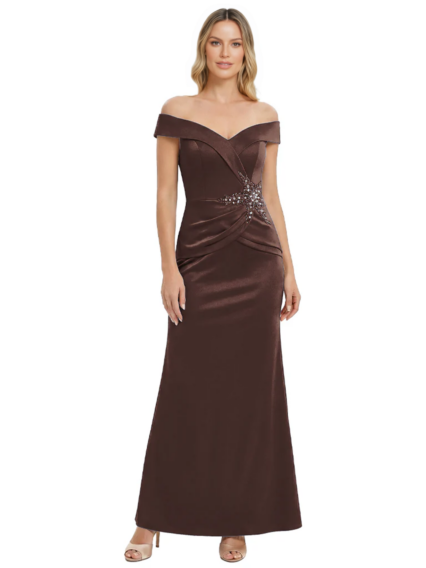 Off Shoulder Mother of the Bride Dress Beaded Waist Satin Gown Portrait Neckline