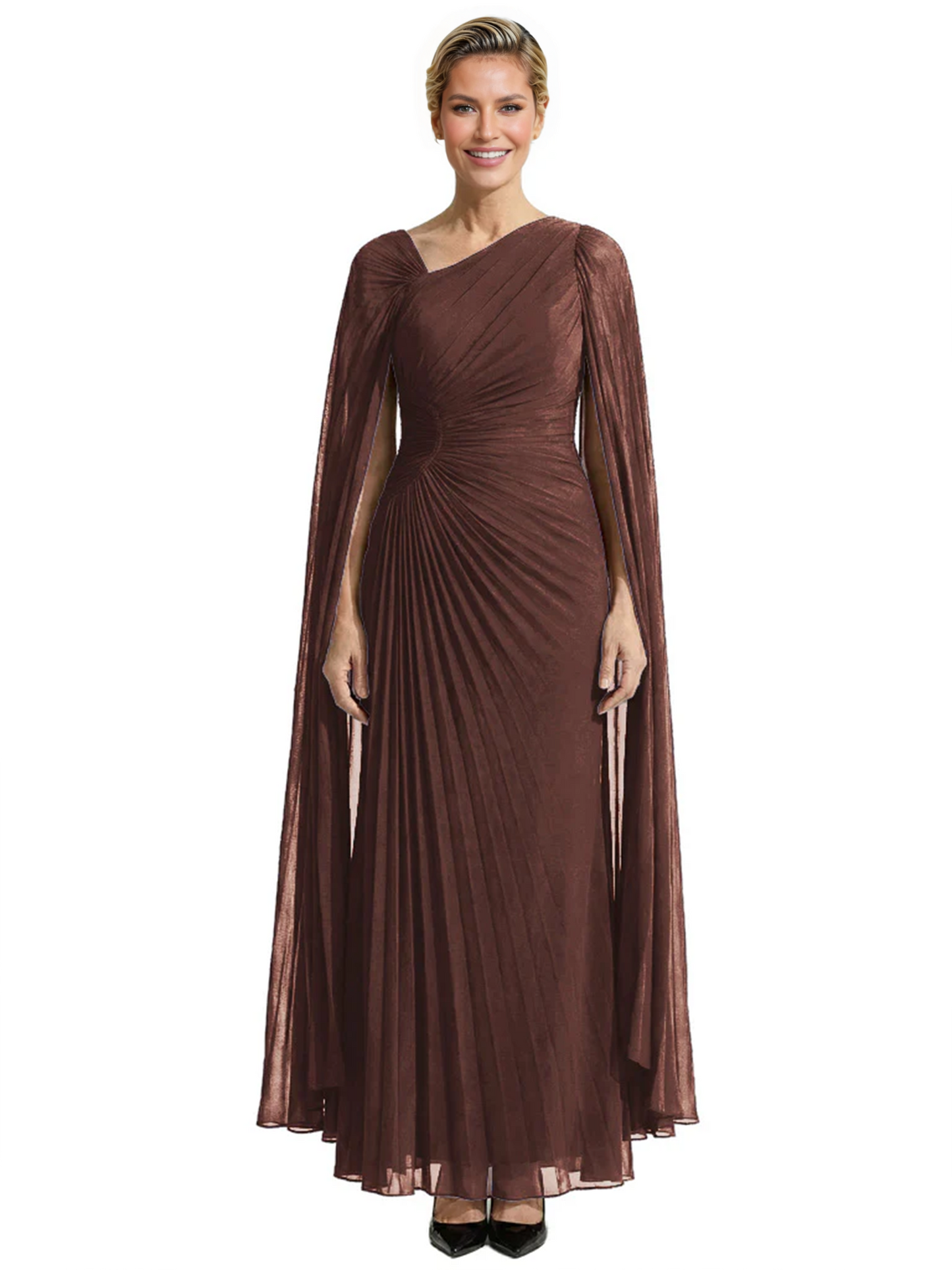 Elegant Asymmetric Neck Long A-Line Chiffon Mother of the Brides Dresses Mom Outfit with Cape