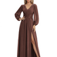 A-Line Mother of Bride Dress V-Neck Chiffon Gown Long Sleeves Slit Formal Dress