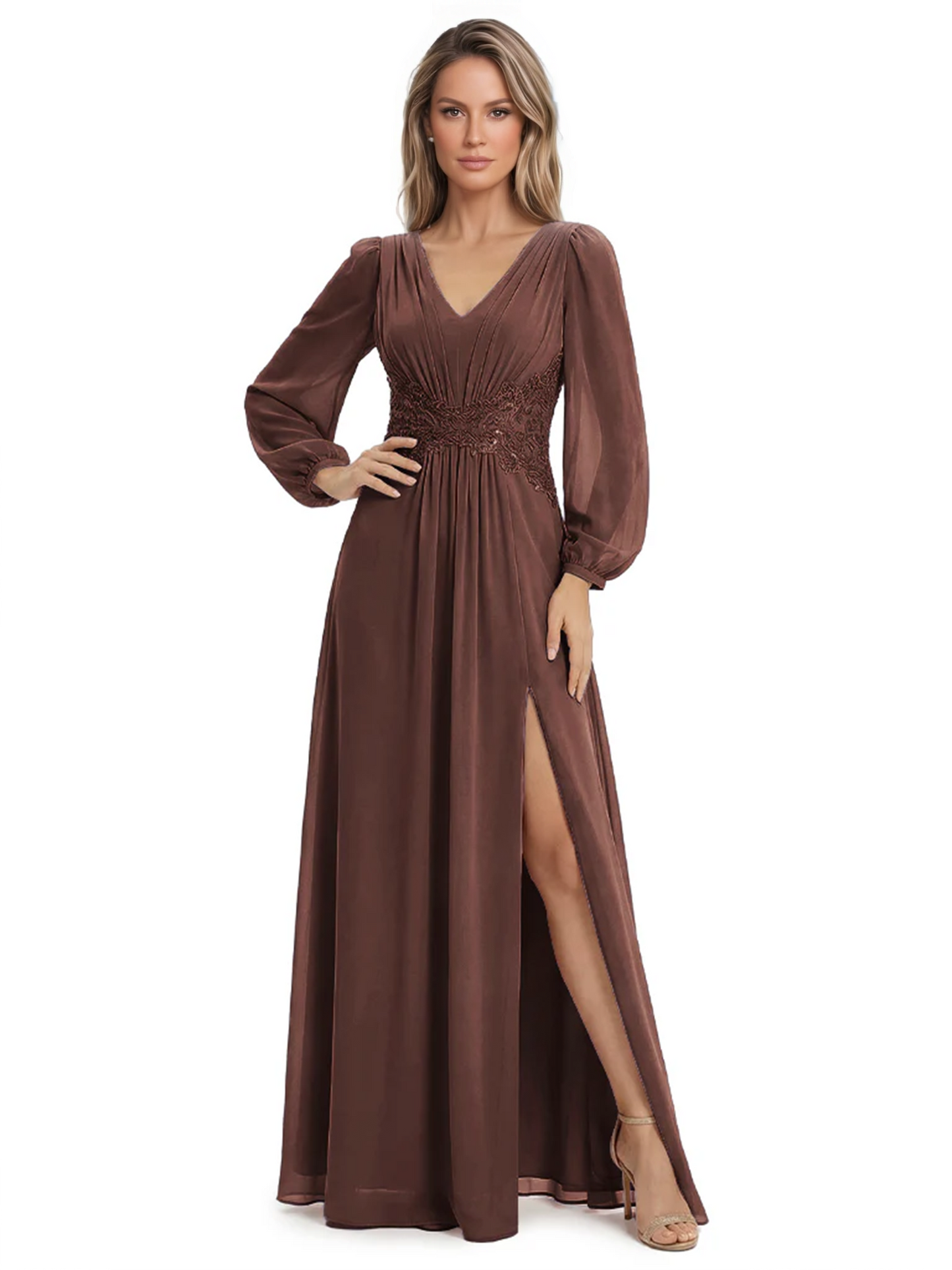 A-Line Mother of Bride Dress V-Neck Chiffon Gown Long Sleeves Slit Formal Dress