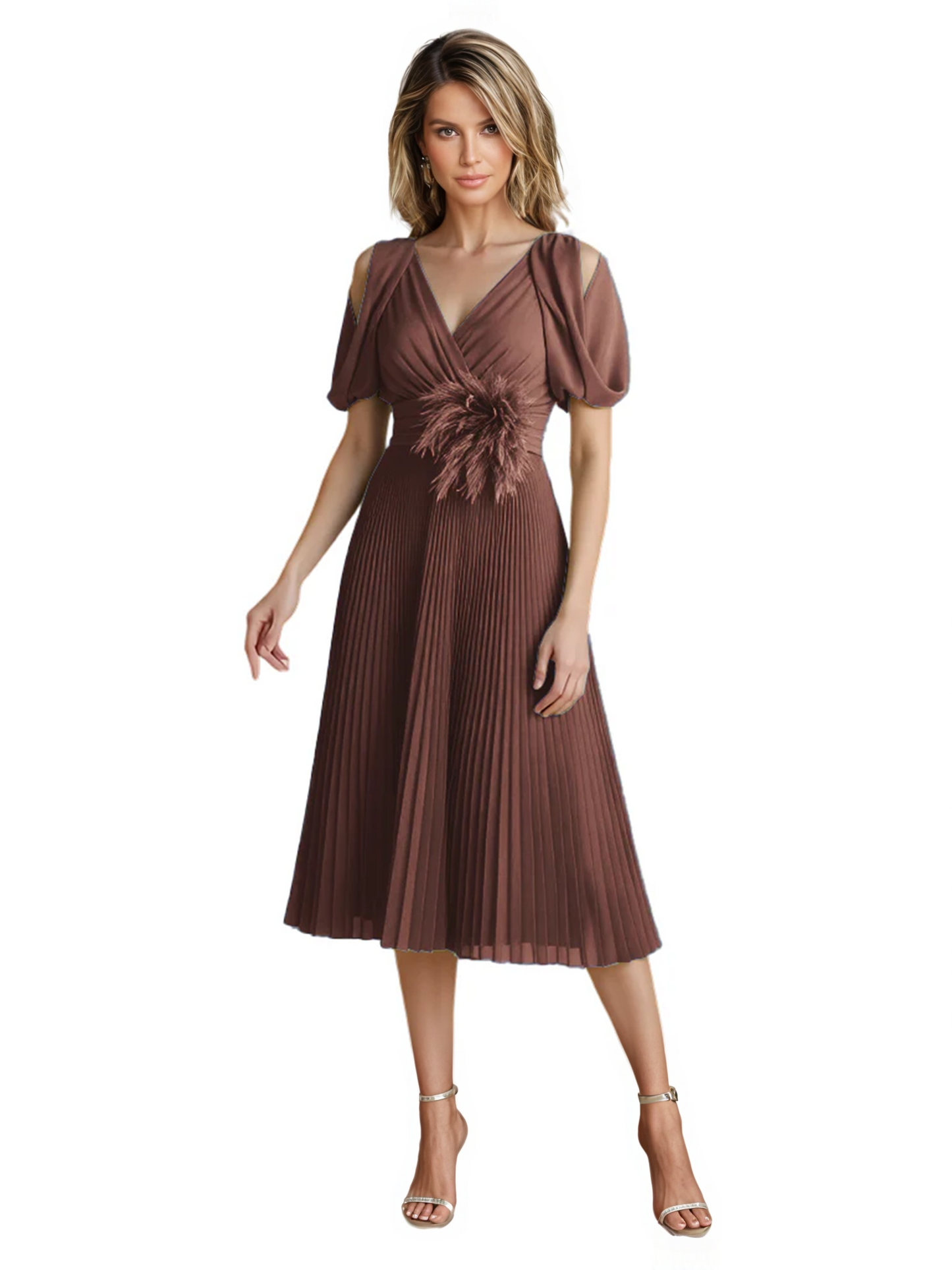 Wedding Formal Dress V-Neck Pleated Chiffon Gown with 3D Flower Accent Knee Length