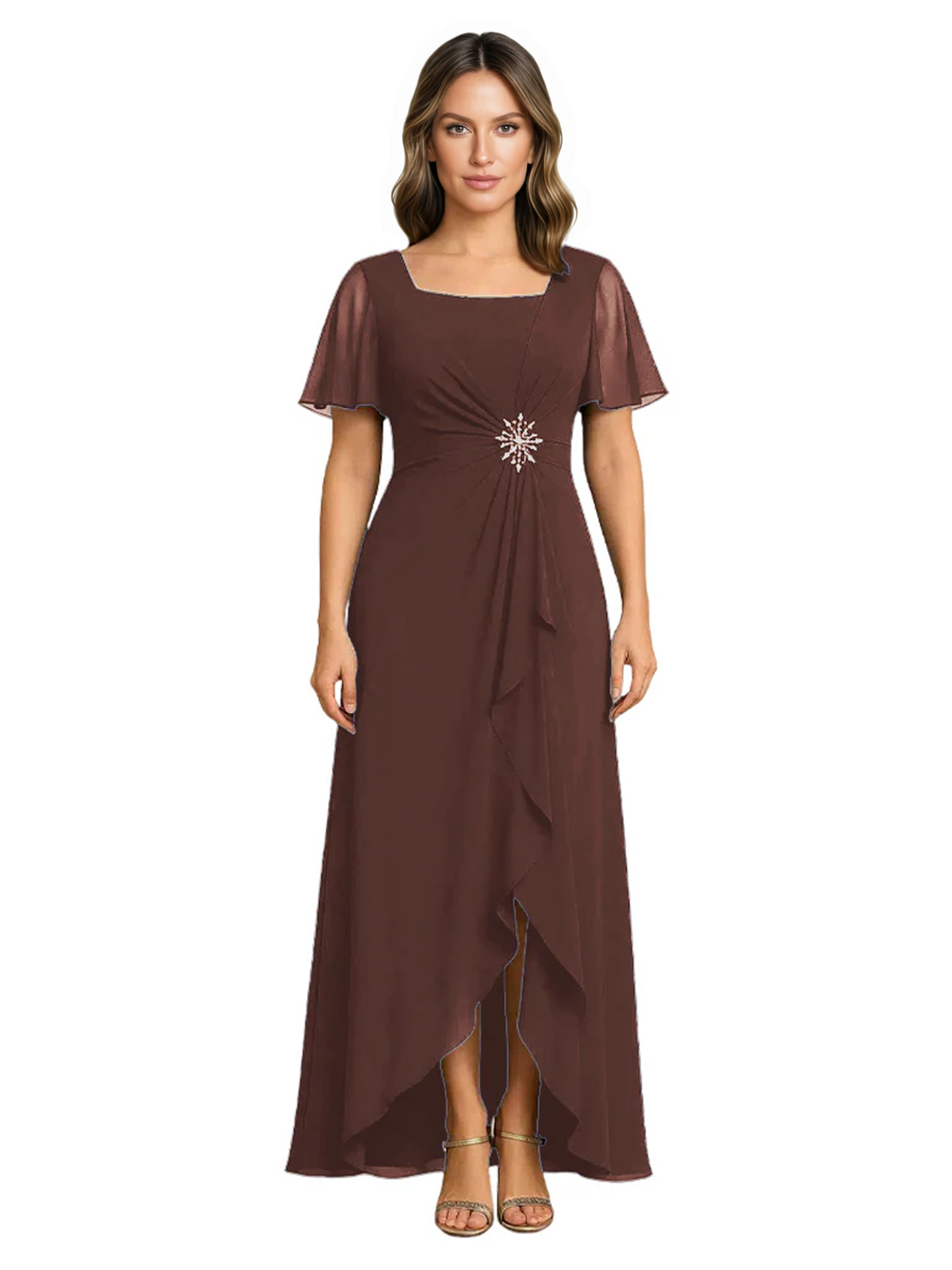 Formal High-Low Mother of the Bride Gown Sleeved Chiffon Maxi Dress Ruched Waist