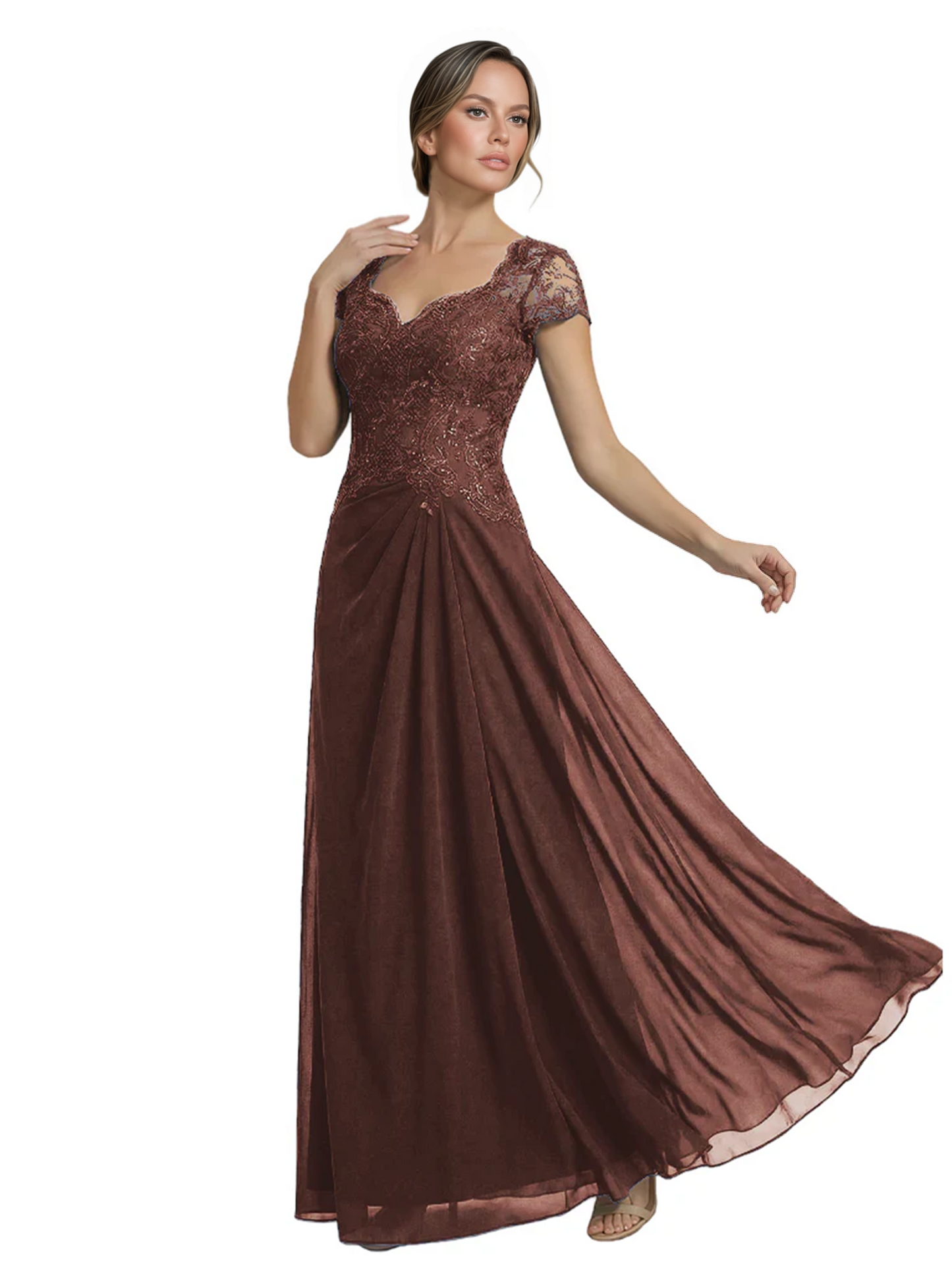 Long A-line Chiffon Short Sleeves Mother of the Brides Dresses Lace Wedding